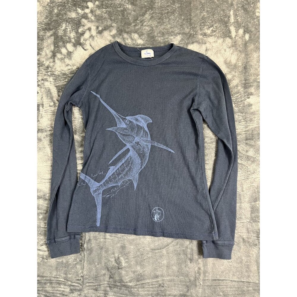 Guy Harvey  Aftco Women Long Sleeve Waffle Knit Shirt Marlin Graphic L  Blue